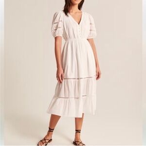 ABERCROMBIE Women's Puff Sleeve Button-Through Midi Dress NWT Medium White